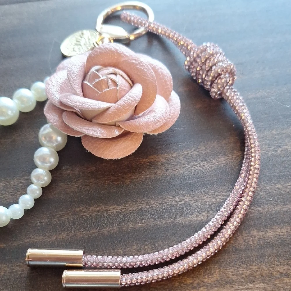 Elegant Pink Rose Bag Charm with Pearls